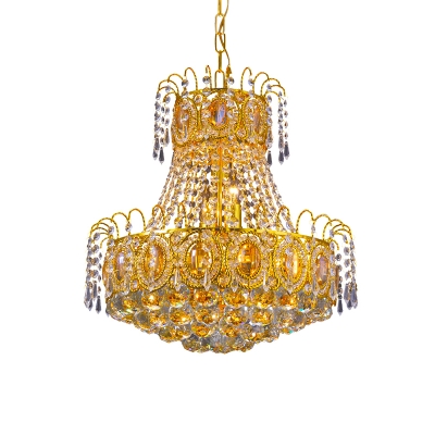 Clear Crystal 2-Layer Chandelier Lamp Mid Century 8 Bulbs Restaurant Pendulum Light in Gold
