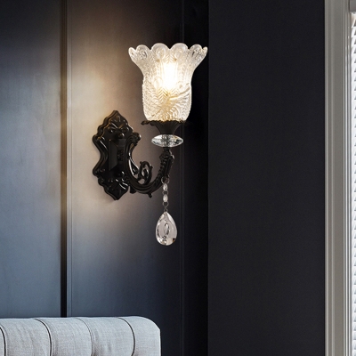Clear Glass Bellflower Wall Lighting Modern 1/2-Head Bedside Wall Mounted Fixture in Black