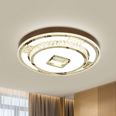 Coin Shaped LED Ceiling Lighting Modernist White Faceted Crystal Flush Mount Fixture