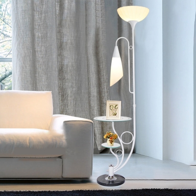 Countryside Bowl and Cone Floor Light 2 Heads Frosted Glass Tree Floor Lamp with Shelf in White/Black