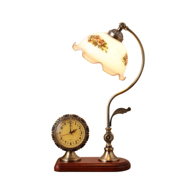 Countryside Scalloped Desk Light Single Beige Printed Glass Reading Lamp with Clock Deco in Red Brown