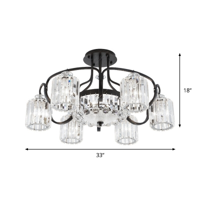 Cylindrical Restaurant Semi Flush Mount Contemporary Clear Crystal 4/8-Light Black Close to Ceiling Light