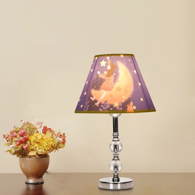 Fabric Barrel Shade Nightstand Light Cartoon Single Blue Table Lamp with Girl and Starry Sky Pattern