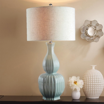 Fabric Beige Nightstand Lamp Cylinder Single-Bulb Rural Table Lighting with Gourd Ceramics Base