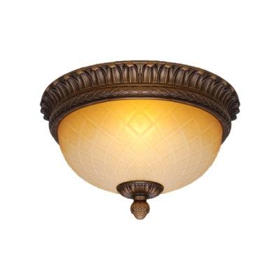 Farmhouse Domed Flush Lighting Amber Gridded Glass 2-Bulb Flush Mounted Lamp Fixture in Coffee