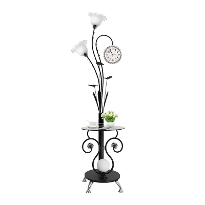 Floral Shade Milky Glass Stand Up Lamp Country LED Parlour Tree Floor Light with Table Design in White/Black