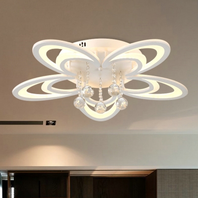 Floral Shape Acrylic Semi Flush Lighting Modernism LED White Flush Mounted Lamp with Crystal Drop