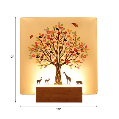 Flowering Tree Wall Mural Lamp Modern Acrylic Wood LED Square Sconce Light Fixture