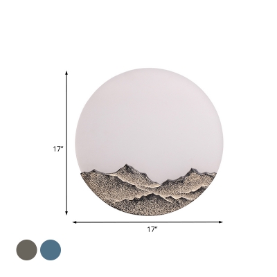 Full Moon Behind Mountain Mural Light Modern Acrylic Bedroom LED Wall Lamp in Blue/Brown