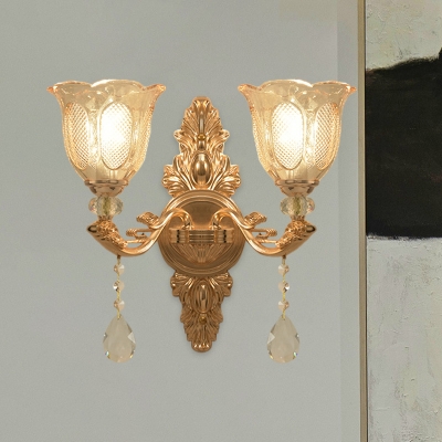 Gold Finish 1/2-Head Wall Light Mid Century Clear Crystal Glass Flower Shade Up Wall Lamp Fixture