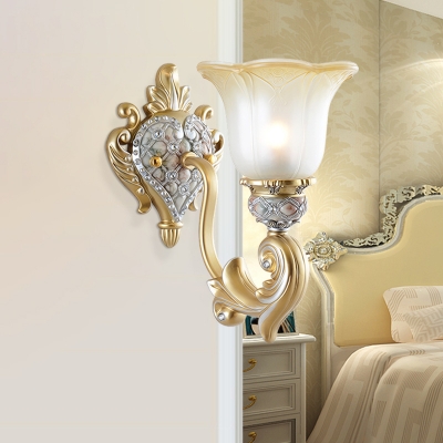 Gold Floral Shade Up Wall Mounted Light Traditional Tan Glass 1/2-Bulb Bedroom Wall Lamp