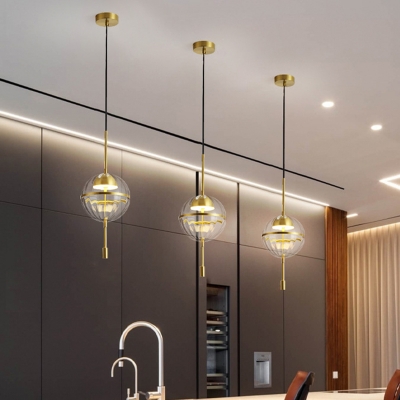 Kitchen Island LED Pendant Lighting Postmodern Brass Hanging Light with Globe Clear Ribbed Glass Shade