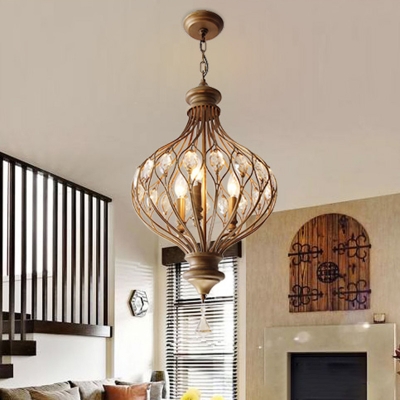 Lantern Metal Ceiling Chandelier Traditional 3 Bulbs Restaurant Crystal Pendulum Light in Bronze