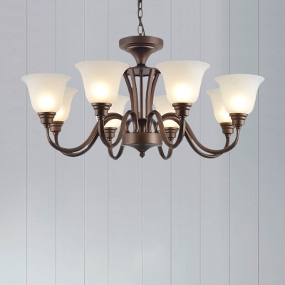 Metal Curved Arm Hanging Chandelier Antiqued 3/5/6 Lights Parlour Pendulum Lamp with Bell Frosted Glass Shade in Brown