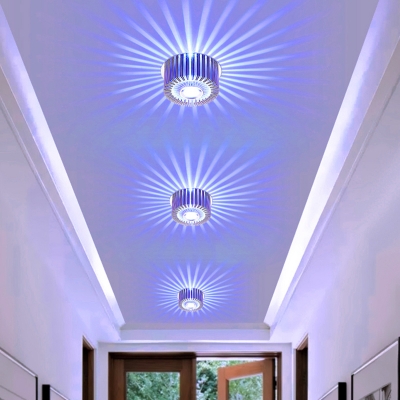 Modern Round Laser-Cut Ceiling Light Aluminum Corridor LED Flush Mount Lamp in Chrome, 7 Color Light