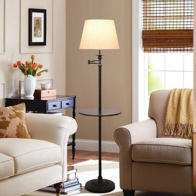 Modernism Barrel Shade Floor Light White Fabric 1 Bulb Living Room Floor Lamp with Shelf in Black