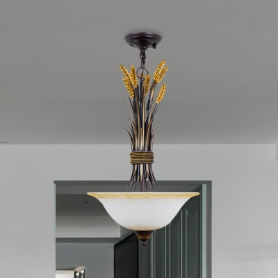 Opal Frosted Glass Bowl Up Chandelier Farmhouse 3-Light Dining Room Suspension Lamp with Spikelet Decor in Black-Gold
