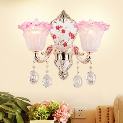 Pink Ribbed Glass Floral Wall Lighting Idea Postmodern 2-Light Gold Wall Mounted Lamp