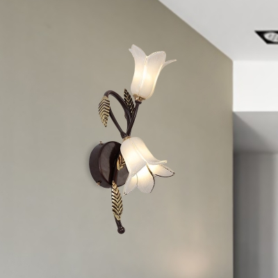 Purple/White Glass Bellflower Wall Light Pastoral 2 Bulbs Living Room Sconce Lighting with Twisted Vines