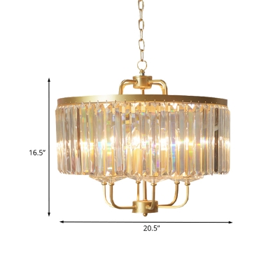 Rectangle-Cut Crystal Gold Pendulum Light Drum 6-Light Modernist Chandelier Lamp Fixture