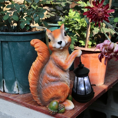 Squirrel Holding Lantern Patio Solar Lamp Resin Cartoon LED Ground Light in Orange/Grey