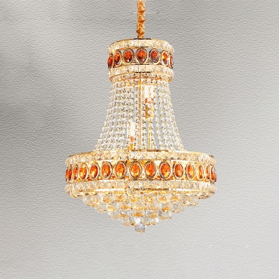 Traditional 2-Tier Hanging Chandelier 5-Light Faceted Crystal Pendant Ceiling Lamp in Gold