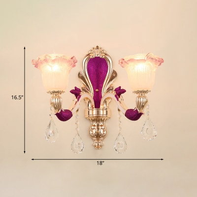 Traditional Flower Shade Wall Lighting Ribbed Glass 2 Heads Bedside Wall Lamp Fixture in Purple