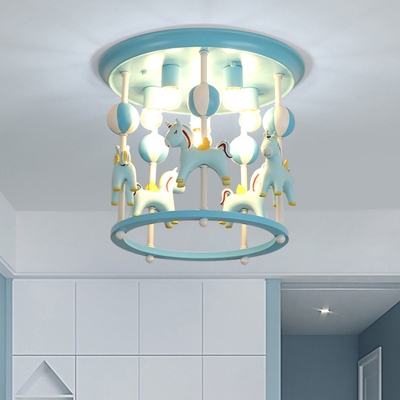 Unicorn Flush Light Fixture with Carrousel Design Cartoon Resin 6 Bulbs Blue/Pink Flush Mount