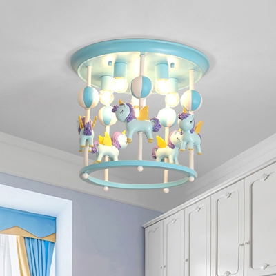 Unicorn Flush Light Fixture with Carrousel Design Cartoon Resin 6 Bulbs Blue/Pink Flush Mount