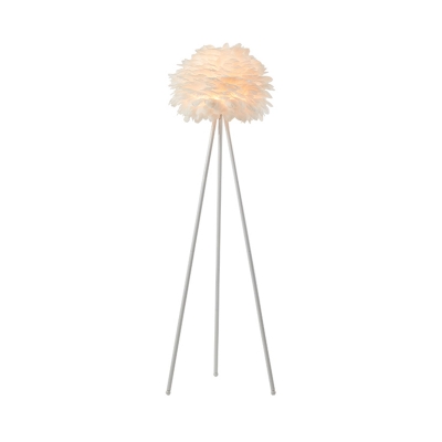 White Finish Tripod Floor Standing Light Contemporary 1 Bulb Metal Stand Up Lamp with Feather Deco