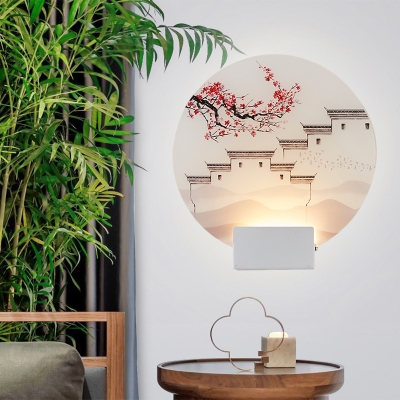White Round Panel Wall Mural Lighting Chinoiserie LED Acrylic Wall Lamp Sconce with Mountain/House Pattern
