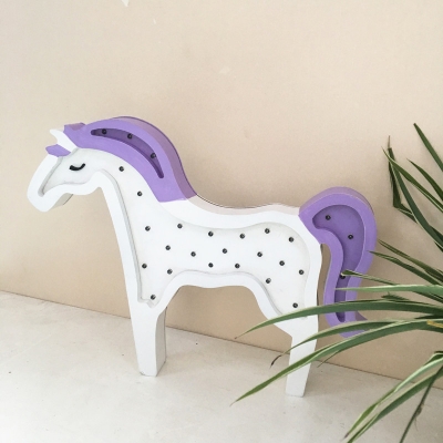 Wood Horse Table Night Light Cartoon Battery LED Wall Mounted Lighting in Purple/Pink
