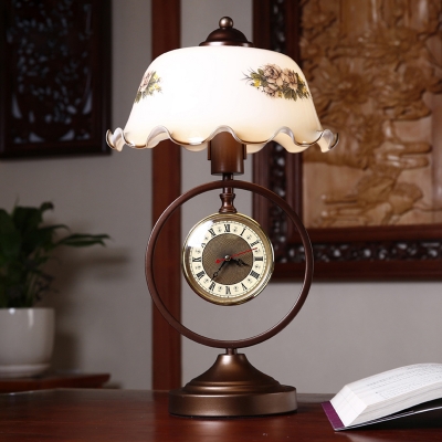 1 Head Ruffled Bowl Table Lighting Country Style Rust White Glass Nightstand Lamp with Suspended Clock