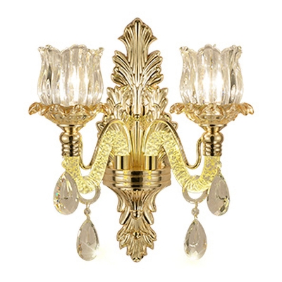 2 Heads Crystal Wall Mount Lamp Mid-Century Gold Lotus Shade Corner Wall Sconce Light