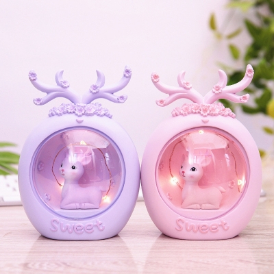 2 Packs Deer Statue Small Table Lamp Kids Resin Pink/Purple Battery LED Nightstand Light