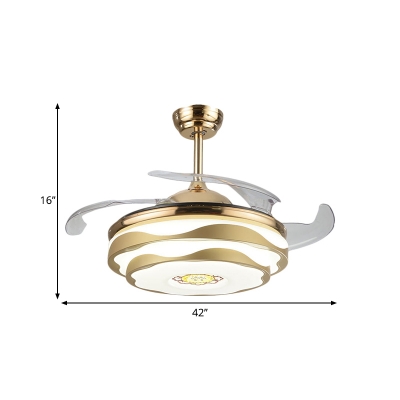 2-Tier Round Parlour Pendant Fan Light Metal LED Modernist Semi Flush Mount in Gold with 4-Blade, 42