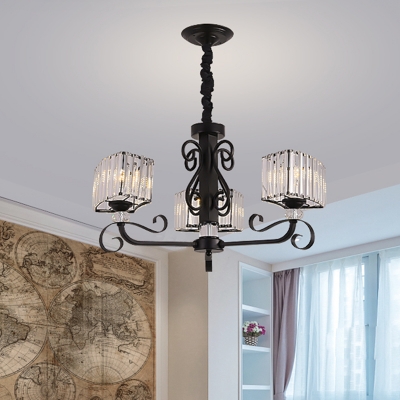3/6 Bulbs Dining Room Hanging Lighting Traditional Black Finish Pendant Chandelier with Cuboid Crystal Prism Shade