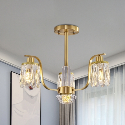 3 Heads Pendant Light Kit with Cylinder Shade Crystal Block Postmodern Dining Room Chandelier Lamp in Gold