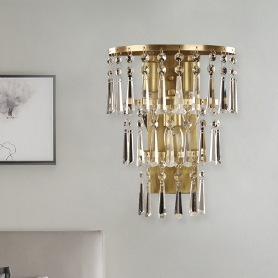 3-Tier Crystal Fringe Wall Lamp Postmodern Single-Bulb Living Room Flush Mount in Brass