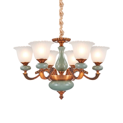 6/8 Heads Chandelier Light Fixture with Flower Shade Milky Glass Traditional Dining Room Ceramics Pendant in Brown
