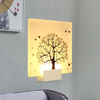 Acrylic Tree-Patterned Square Wall Lamp Nordic Style White LED Mural Light for Bedroom