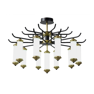 Antiqued Tubular LED Ceiling Light Fixture 9/11-Head Frosted White Glass Radial Pendant Chandelier in Black and Gold