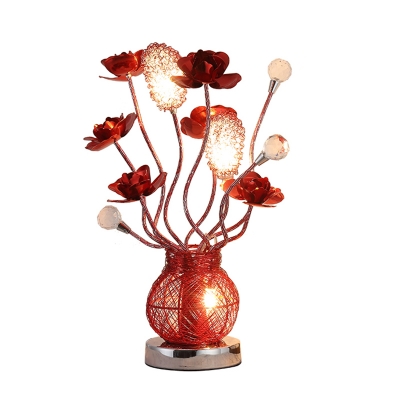 Art Deco Floral and Vase Table Lighting Aluminum Wire LED Nightstand Lamp in Red for Parlour