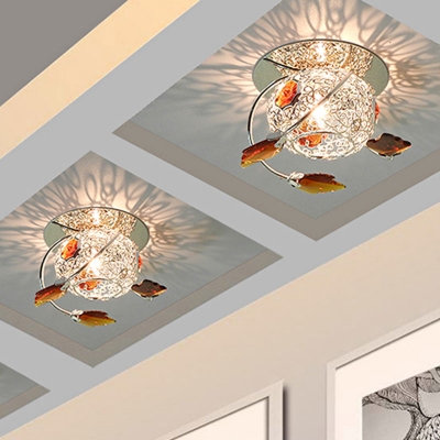 Ball LED Flush Ceiling Light Modern Chrome Finish Iron Flushmount Lamp with Decorative Tan Crystal Leaf