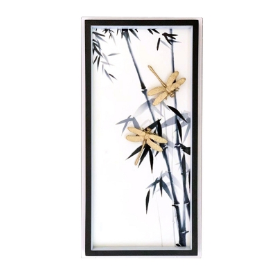 Bamboo and Dragonfly Fabric Mural Lamp Asia LED Black Wall Mount Lighting for Bedroom