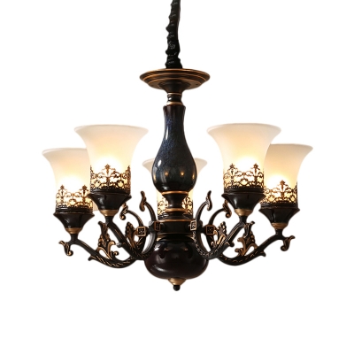 Black Finish 3/5/6 Heads Pendant Chandelier Countryside Cream Glass Bell Shade Up Ceiling Hang Fixture