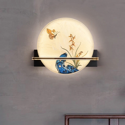 Blue Glass Hand-Paint Butterfly Sconce Asian Integrated LED Circle Wall Mural Light for Tearoom