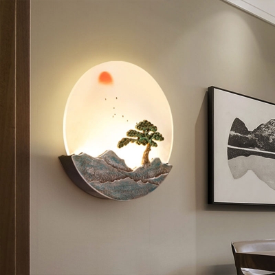 Blue Mountain Sunrise Wall Mural Lamp Asia LED Acrylic Flush Mount Sconce for Dining Room