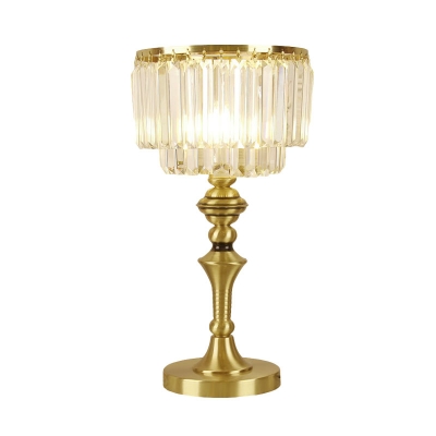 Brass Single-Bulb Table Lamp Post-Modern Prismatic Crystal 2-Layer Round Shade Night Stand Light