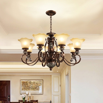 Bronze 8 Bulbs Pendant Chandelier Traditional White Frosted Glass Flower Up Suspension Light